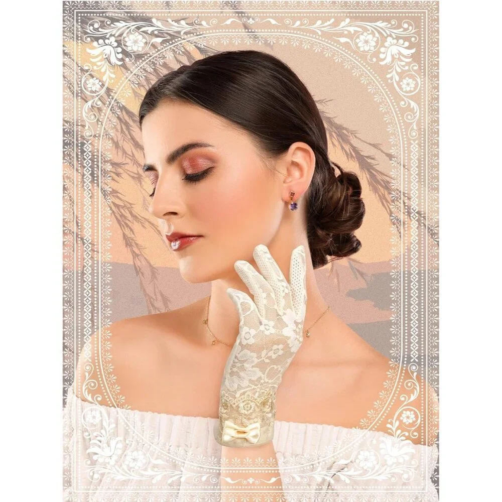 Women's Beige Short Floral Finger Less Nylon Halloween Cosplay Lace Gloves